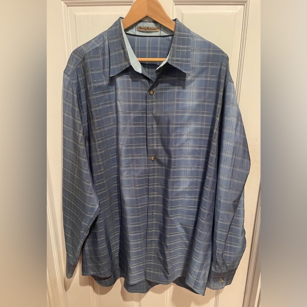 Tommy Bahama 100% Silk Mens Blue Checkered Casual Shirt XL